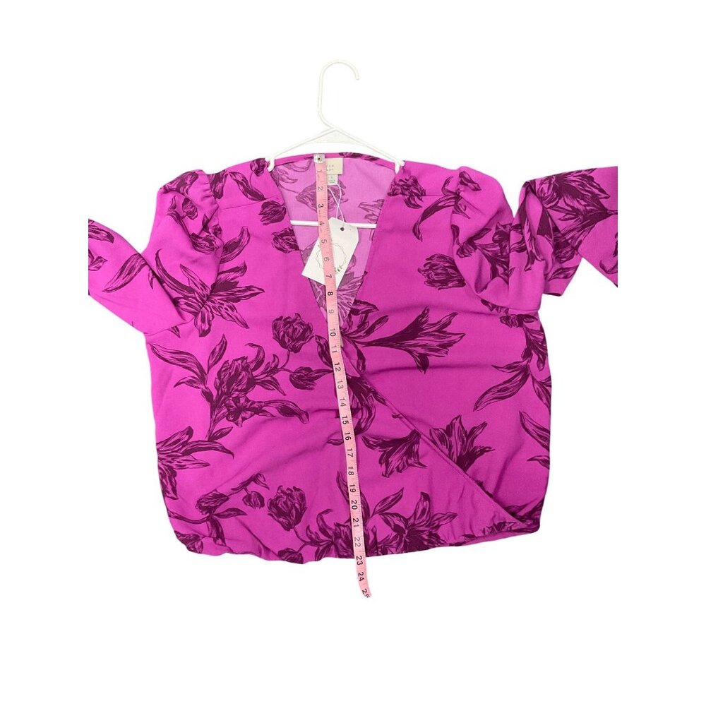 Floral V-Neck Wrap Blouse Long Sleeve Purple Black Lightweight A New Day Size L - Picture 6 of 8